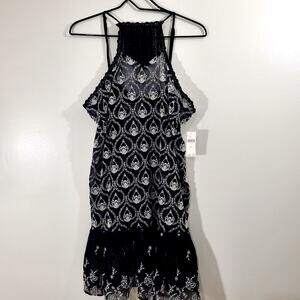 Anthropologie Boho Sheer Black White  Ruffle Lace Women's Mini Dress M